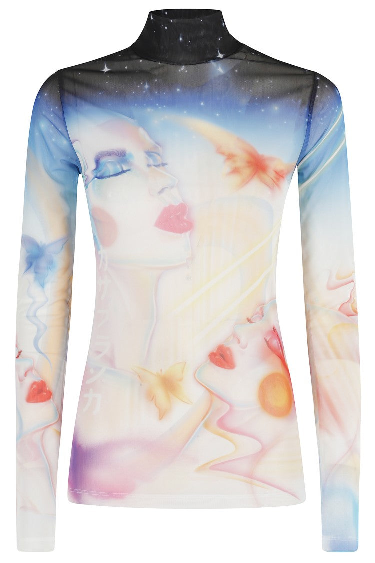 Casablanca High-Neck Multicolor Printed Tulle Top