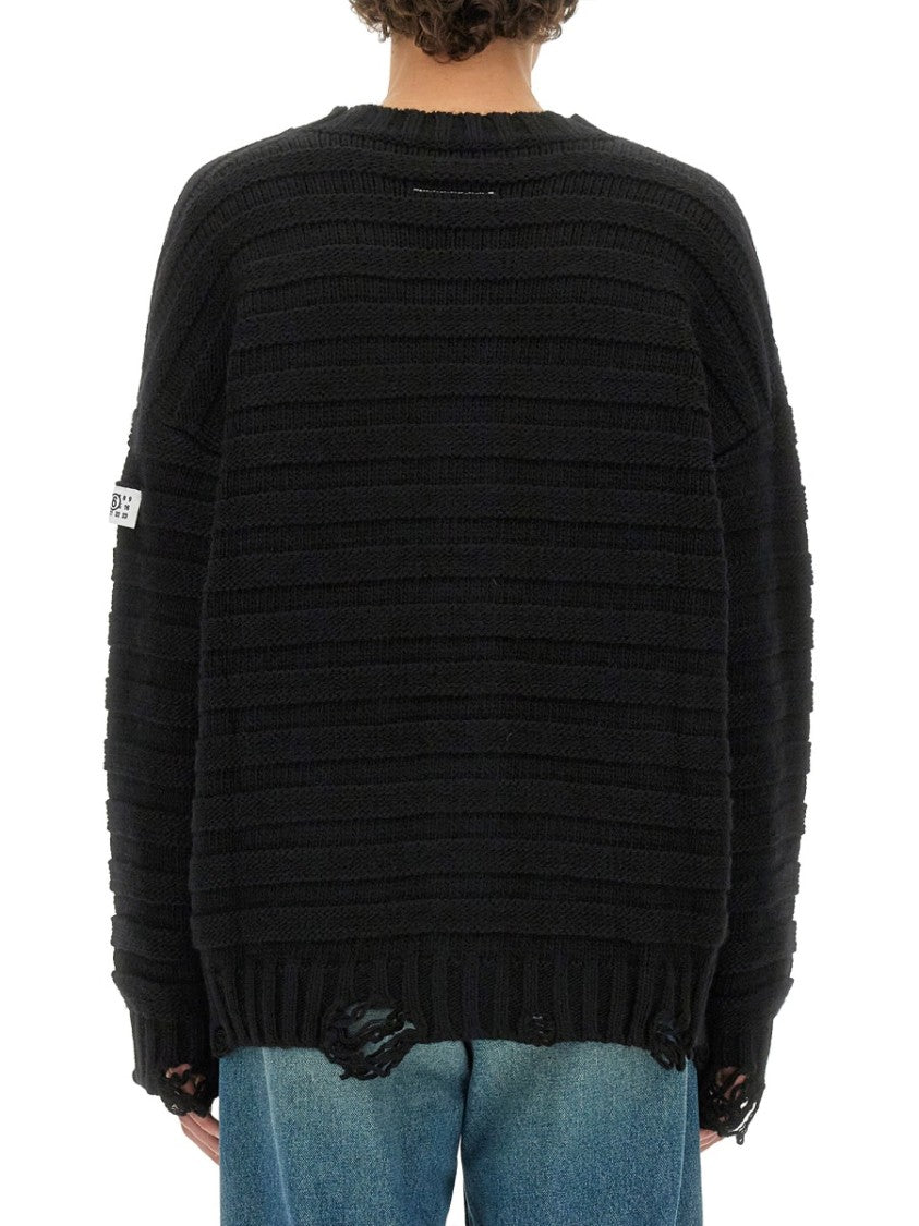 Mm6 By Maison Margiela Ribbed Knit Cardigan With V-Neckline And Distressed Details