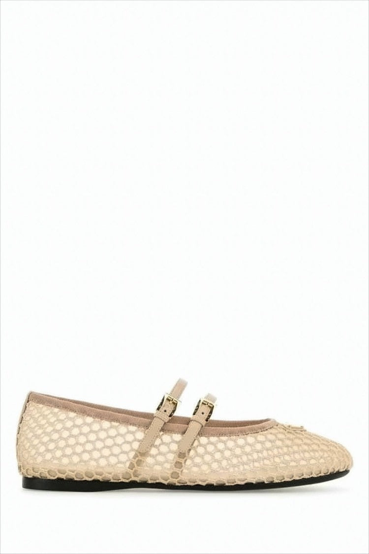 Prada Pointed-Toe Flats With Honeycomb Mesh Upper And Gold Buckles