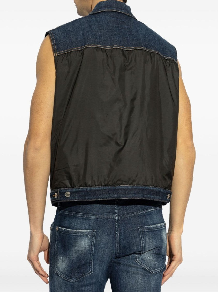 Dsquared2 Sleeveless Denim Jacket With Contrasting Fabric And Chest Pockets