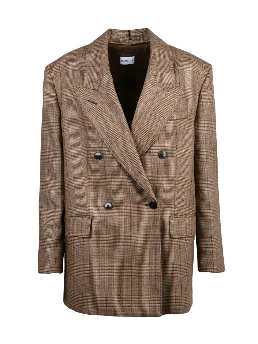 Marella Brown Checkered Double-Breasted Virgin Wool Jacket