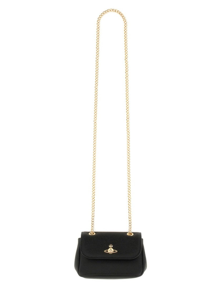 Vivienne Westwood Rectangular Black Shoulder Bag With Gold Chain And Emblem