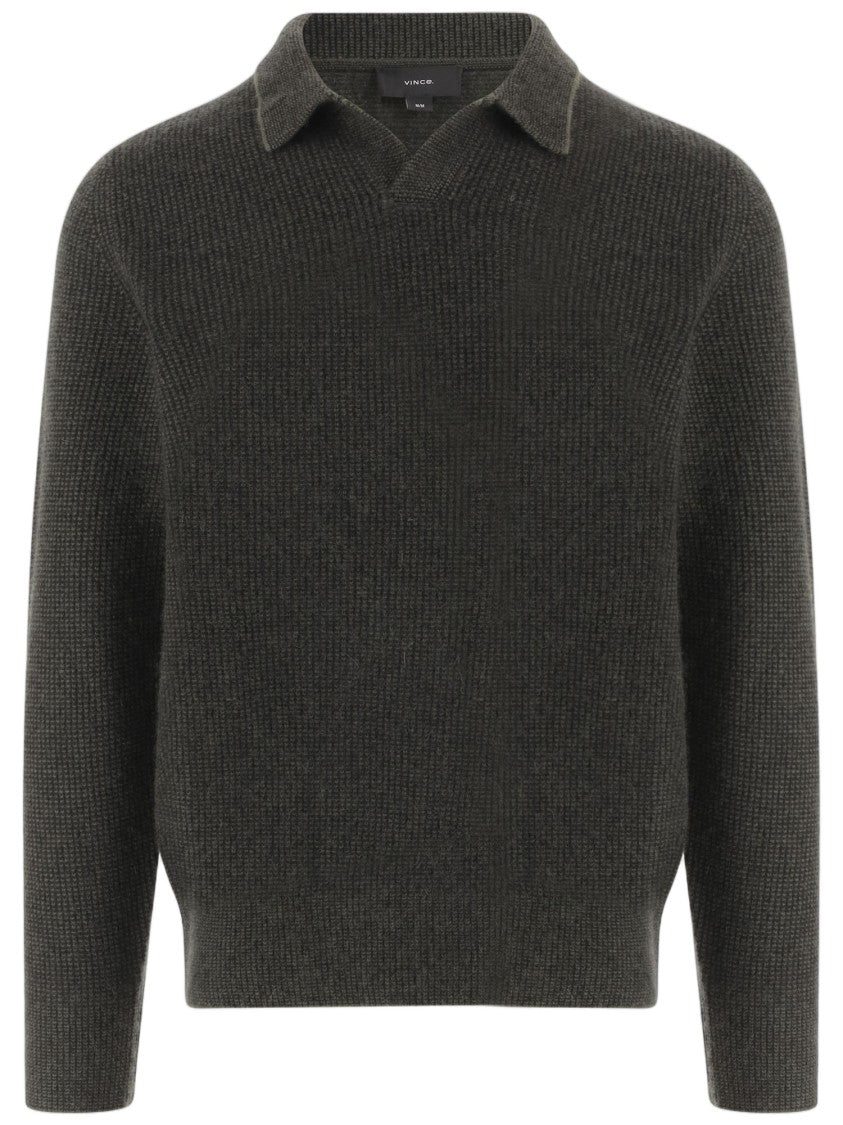 Vince Dark Green Collar Knit-Pattern Cashmere Sweater