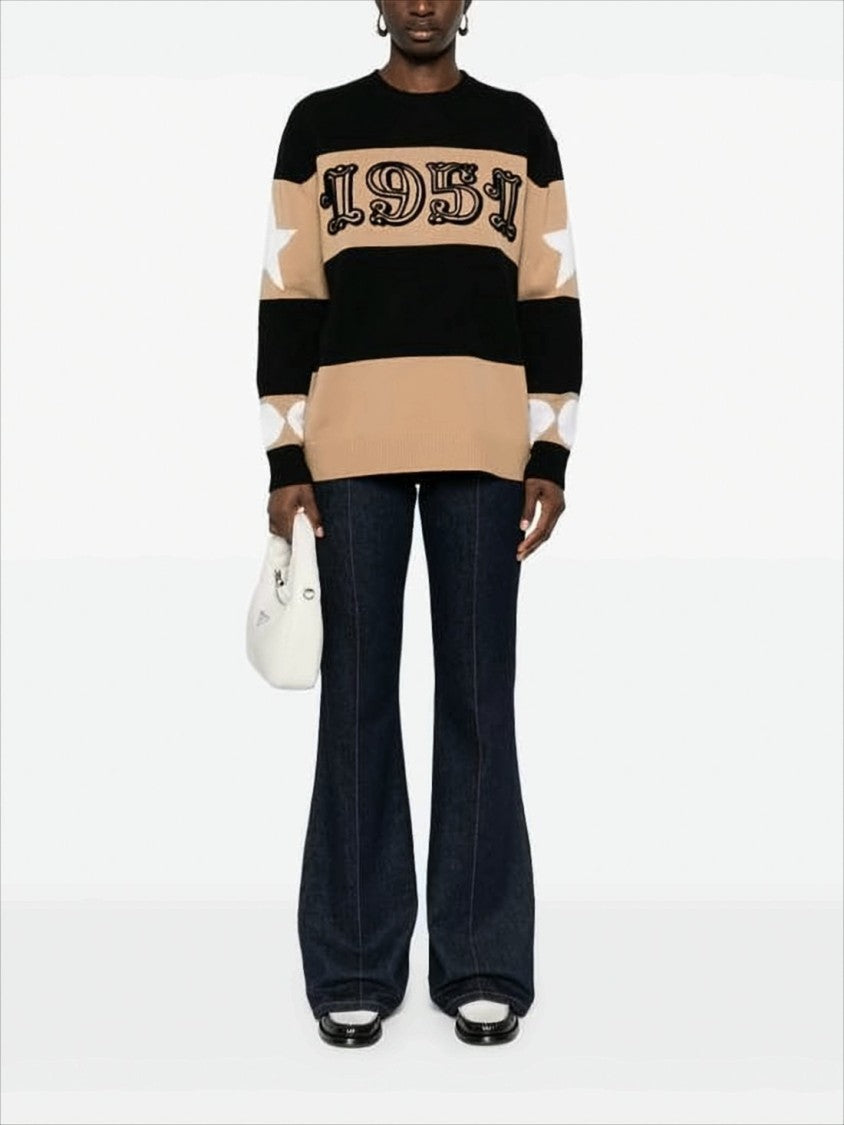 Max Mara Black And Beige Striped Wool-Cashmere Sweater