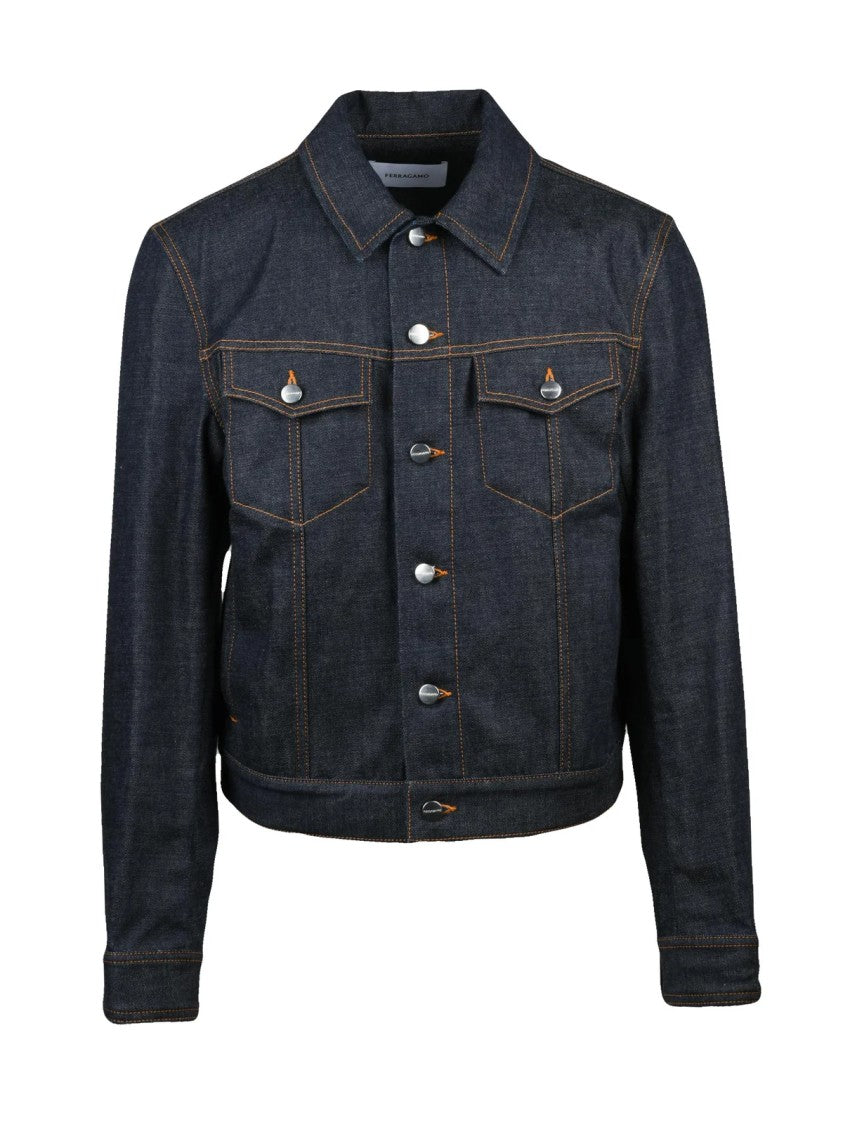 Ferragamo Structured Blue Denim Jacket With Flap Pockets And Adjustable Hem