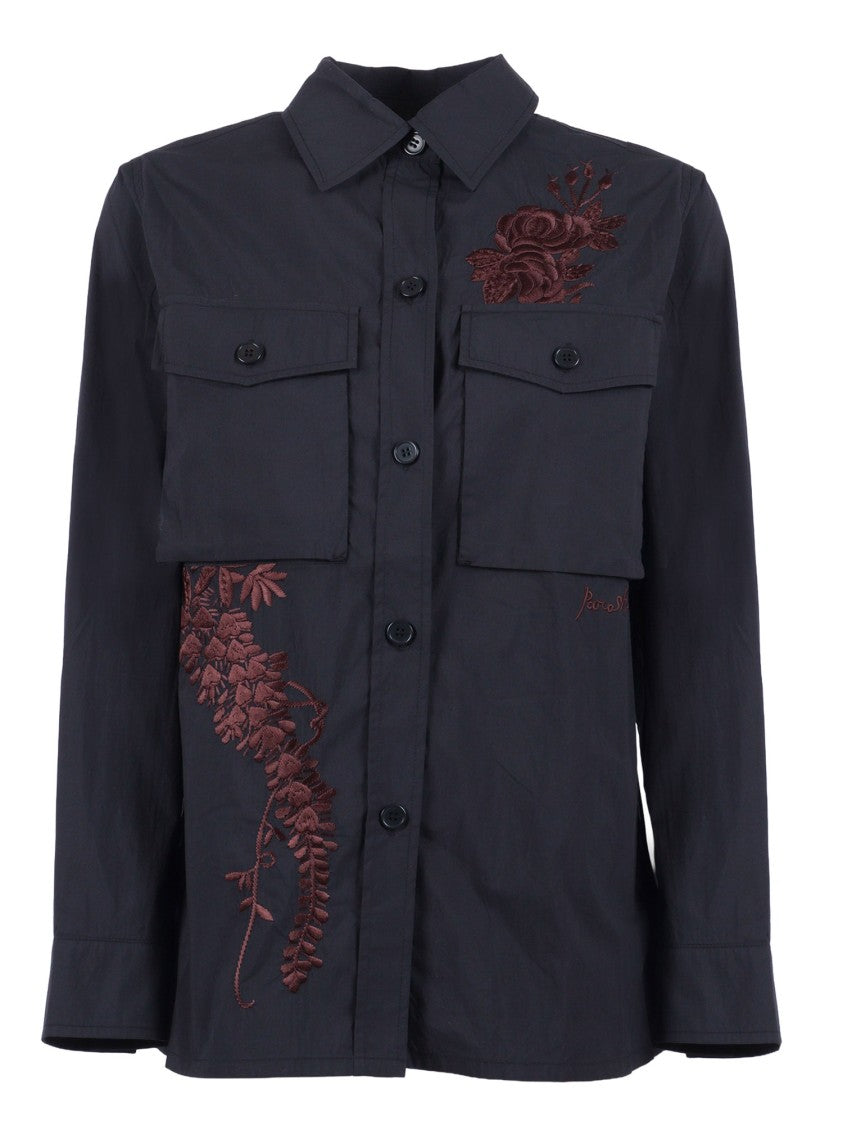 P.A.R.O.S.H. Structured Black Floral Embroidered Shirt