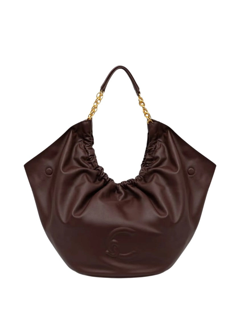 Coccinelle Spacious Ruched Leather Handbag With Gold Chain Accents