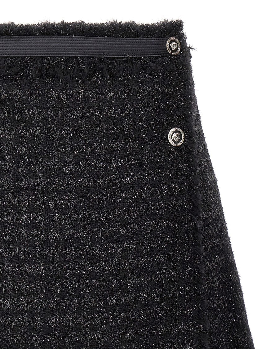 Versace A-Line Lurex Wool Blend Skirt With Medusa Button Closure