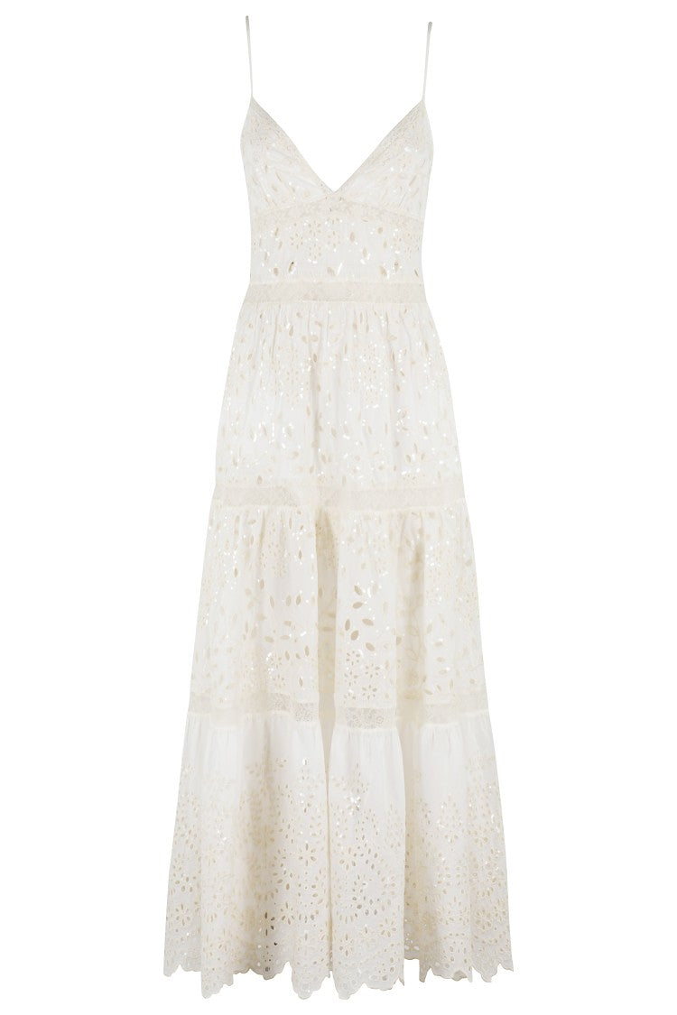 Ermanno Firenze Sleeveless Cotton Maxi Dress With Ecru San Gallo Embroidery