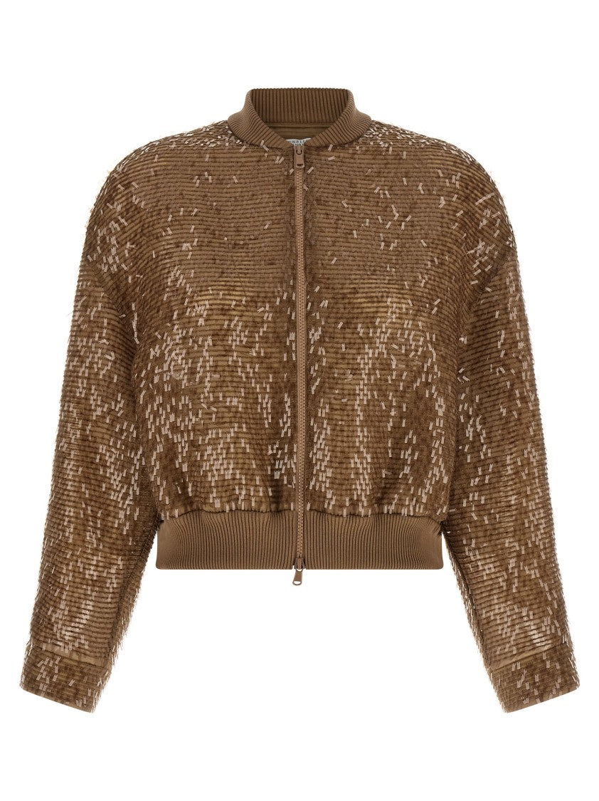 Brunello Cucinelli Sequin Embroidered Silk Bomber Cardigan