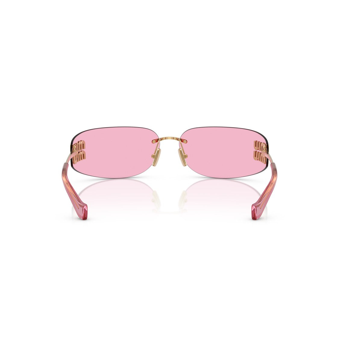 Miu Miu Rimless Rectangular Sunglasses With Gold-Toned Temples And Pink Lenses