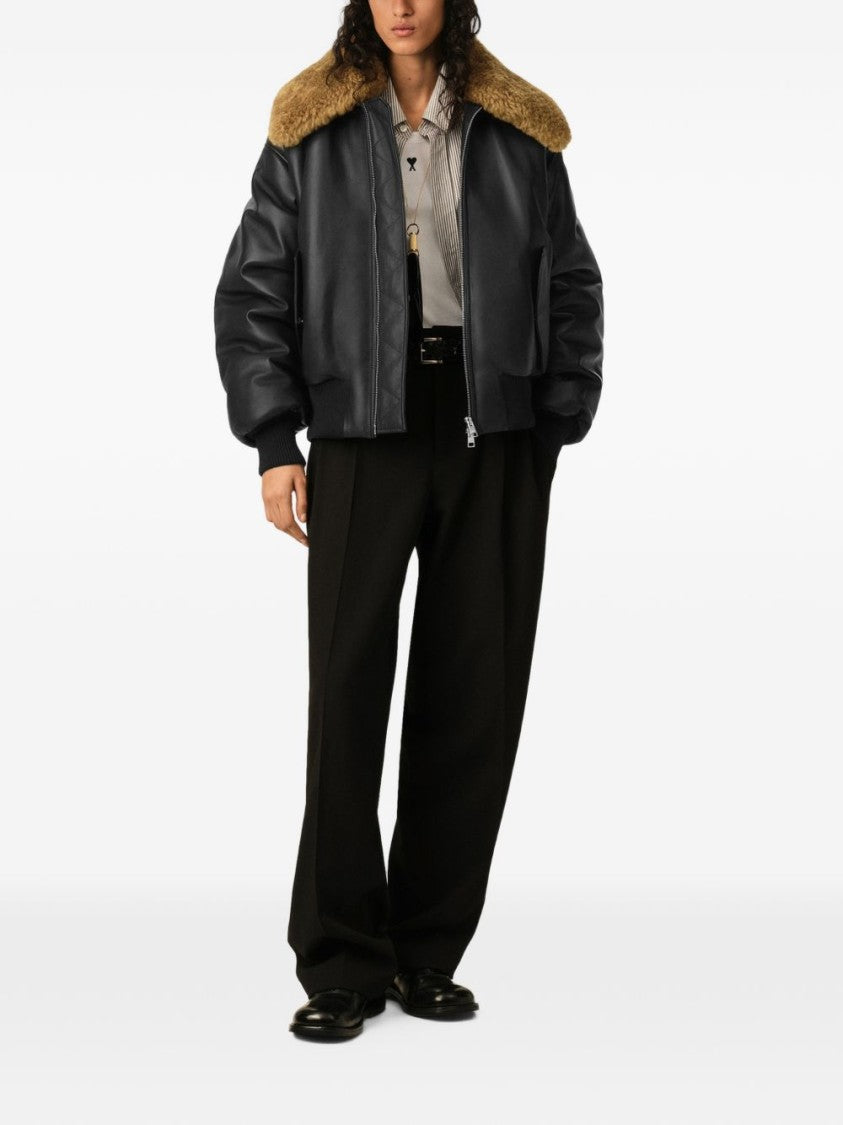 Ami Paris Voluminous Black Leather Jacket With Plush Shearling Collar