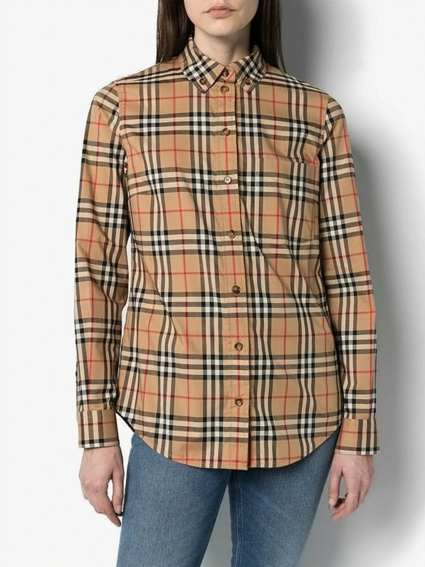 Burberry Beige Check Pattern Tailored Shirt With Button-Down Front