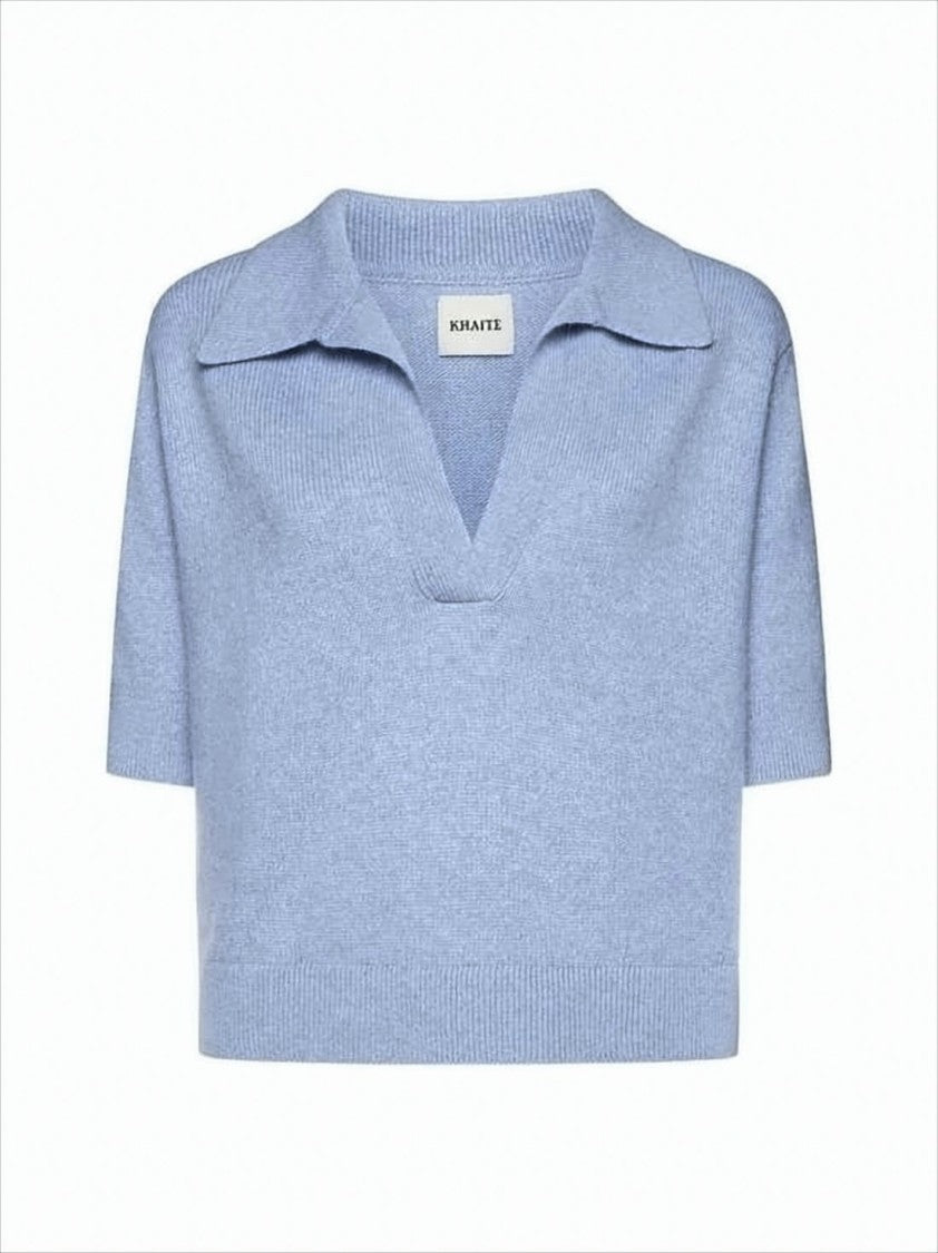 Khaite Short-Sleeved Cashmere Knit Sweater With V-Neckline