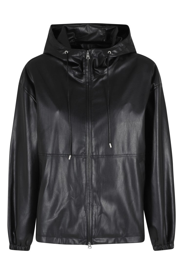 Dunst Black Leather Windbreaker Drawstring Hooded Polyester Jacket
