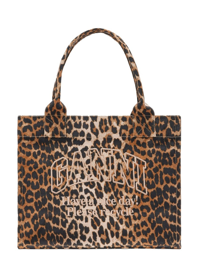 Ganni Large Tote Bag With Bold Leopard Print And Embroidered Logo