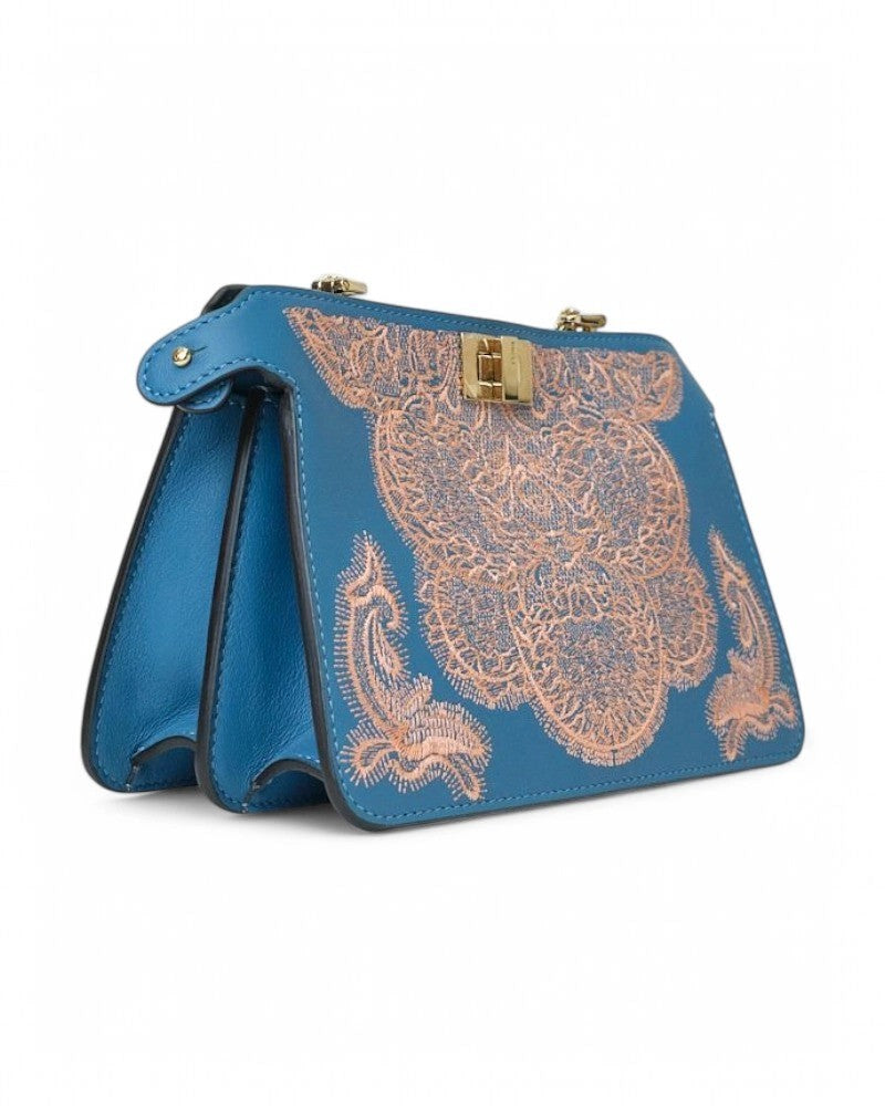 Fendi Peekaboo Pochette With Vibrant Blue Leather And Pink Embroidery