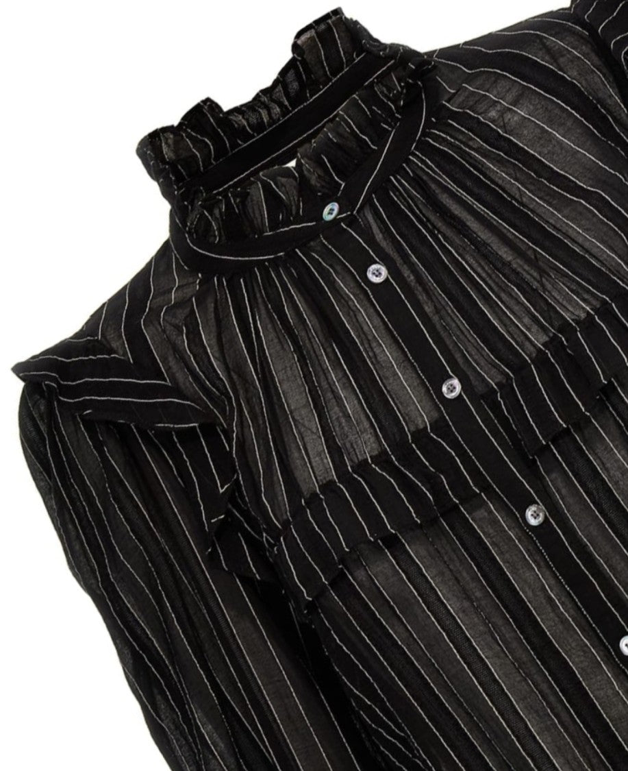 Isabel Marant Vertical Pinstripe Long-Sleeve Shirt With High Ruffled Collar