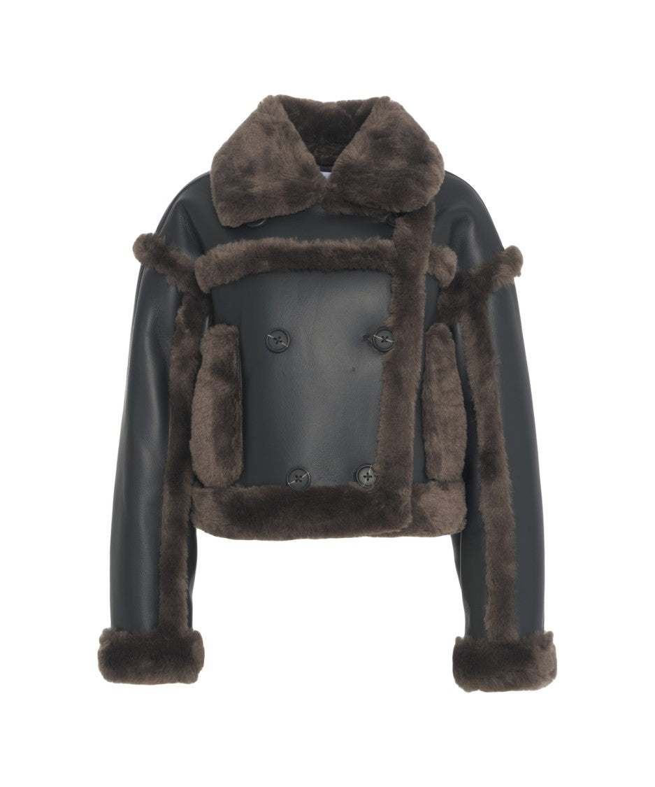 Stand Studio Cropped Black Bomber Jacket With Montone Fur Trim