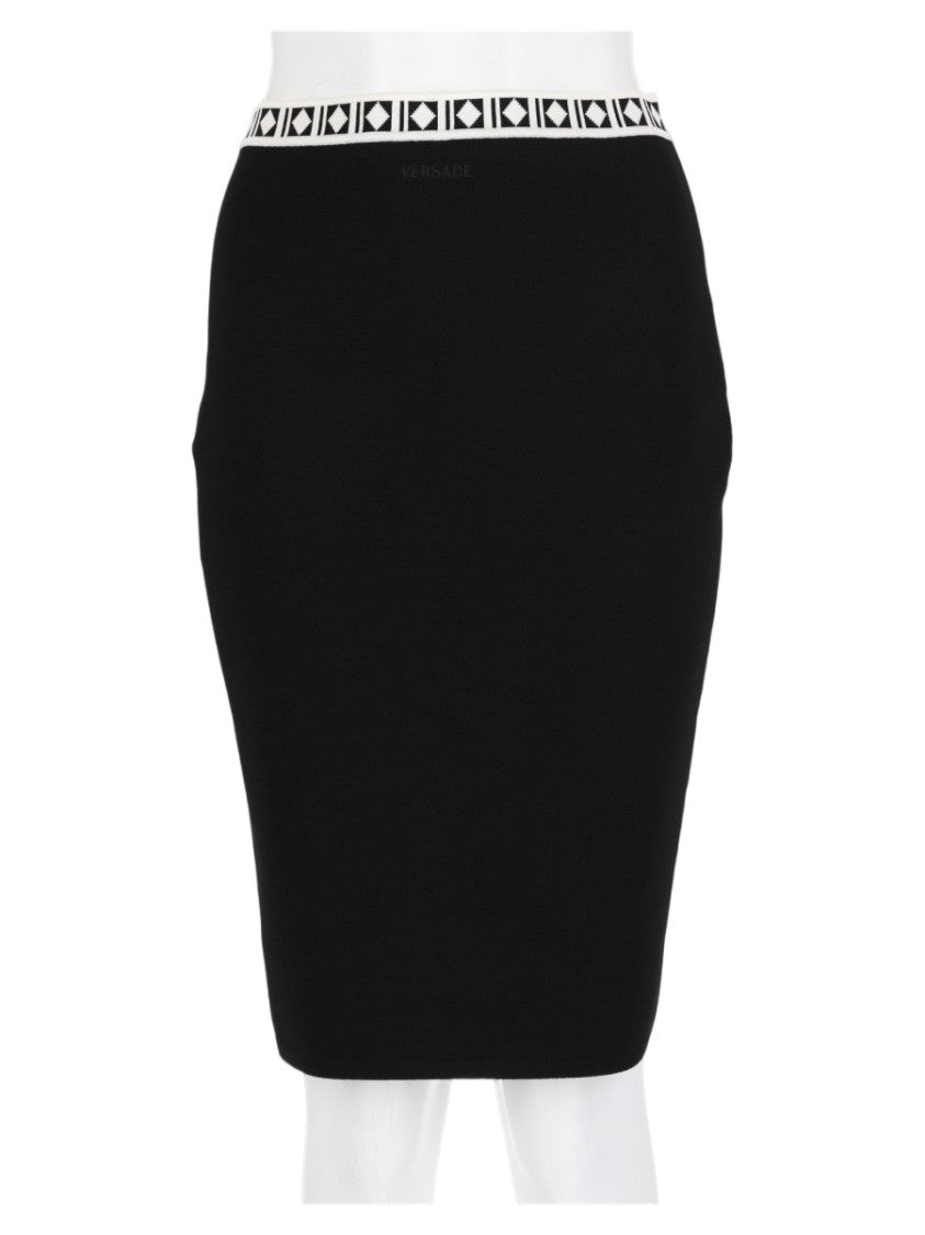 Versace Black Geometric Waistband Viscose-Blend Knee-Length Skirt