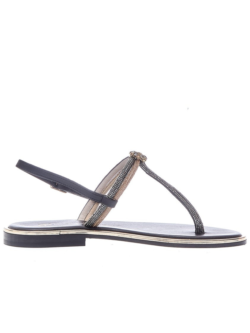 Paola Fiorenza Black And Gold Rhinestones Flip Flops