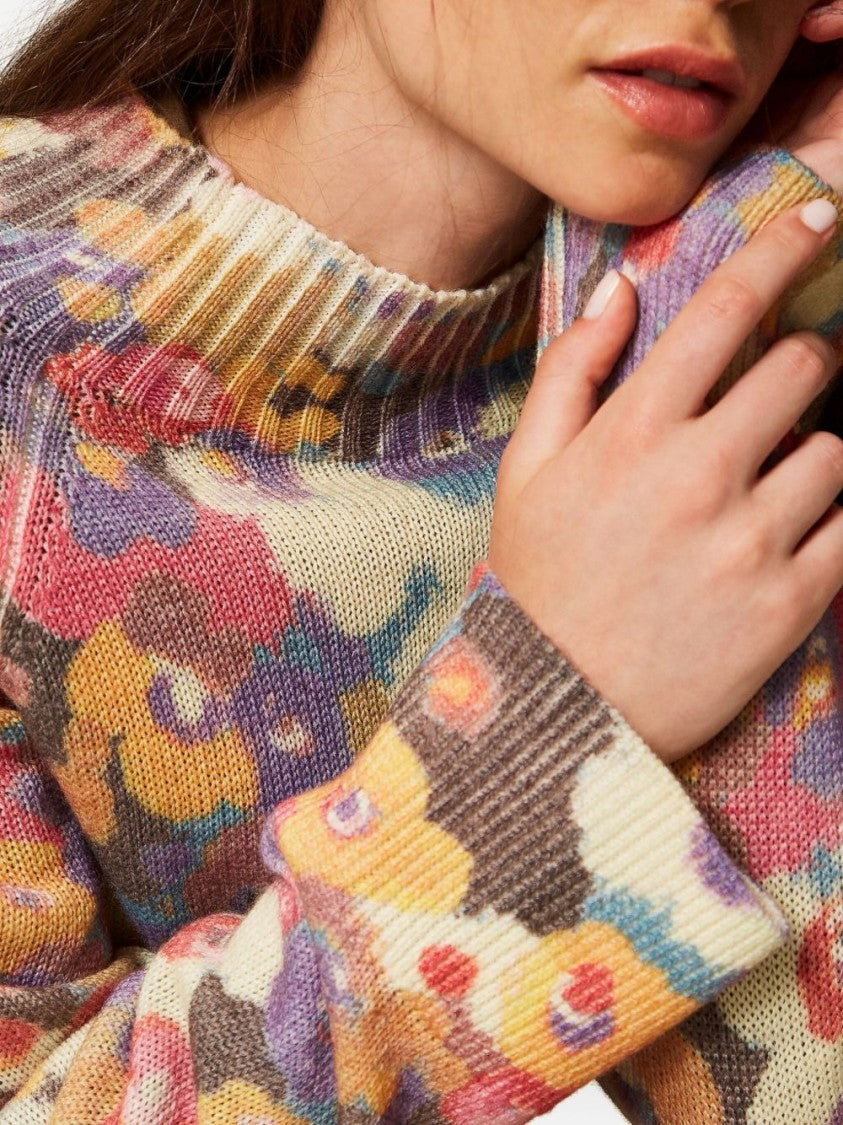 Twin-Set Multicolored Floral Patterned Sweater With Ribbed Crew Neckline