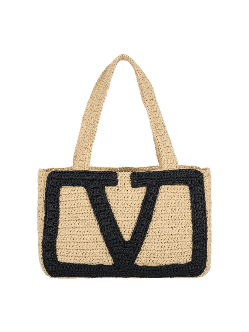 Valentino Garavani Woven Beige Tote Bag With Prominent Vlogo Signature