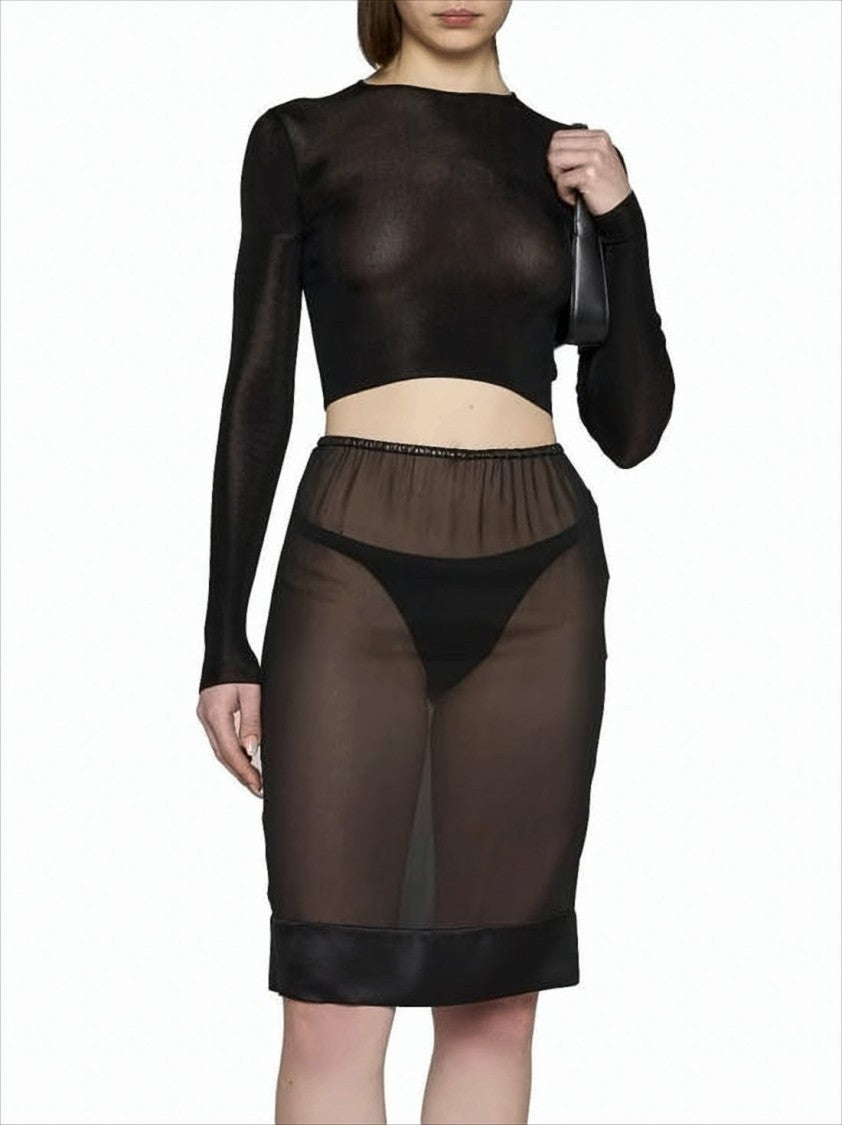 Saint Laurent Translucent Black Silk Midi Skirt With Structured Hem