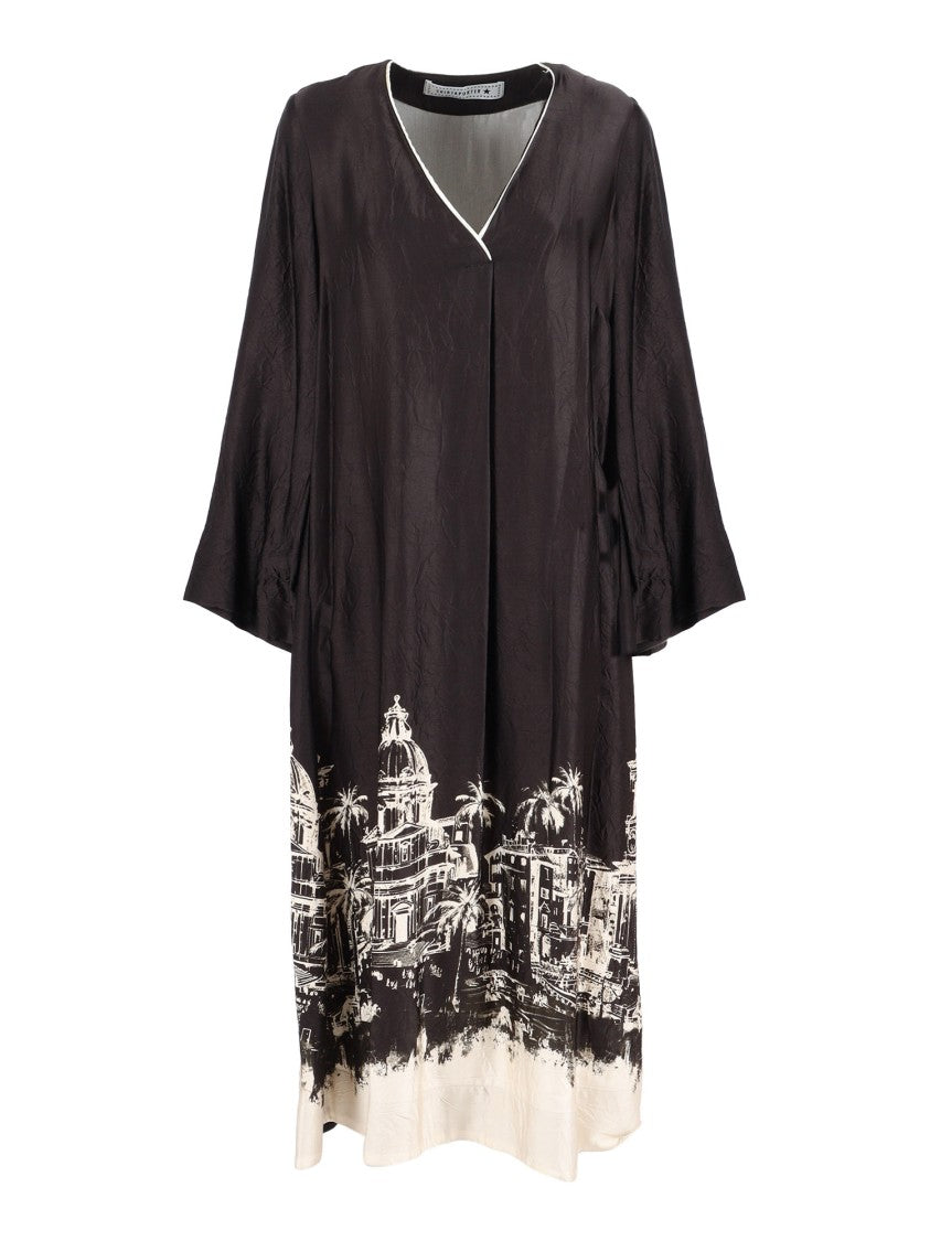 Shirt A Porter Relaxed Fit V-Neck Dress With Cityscape Print