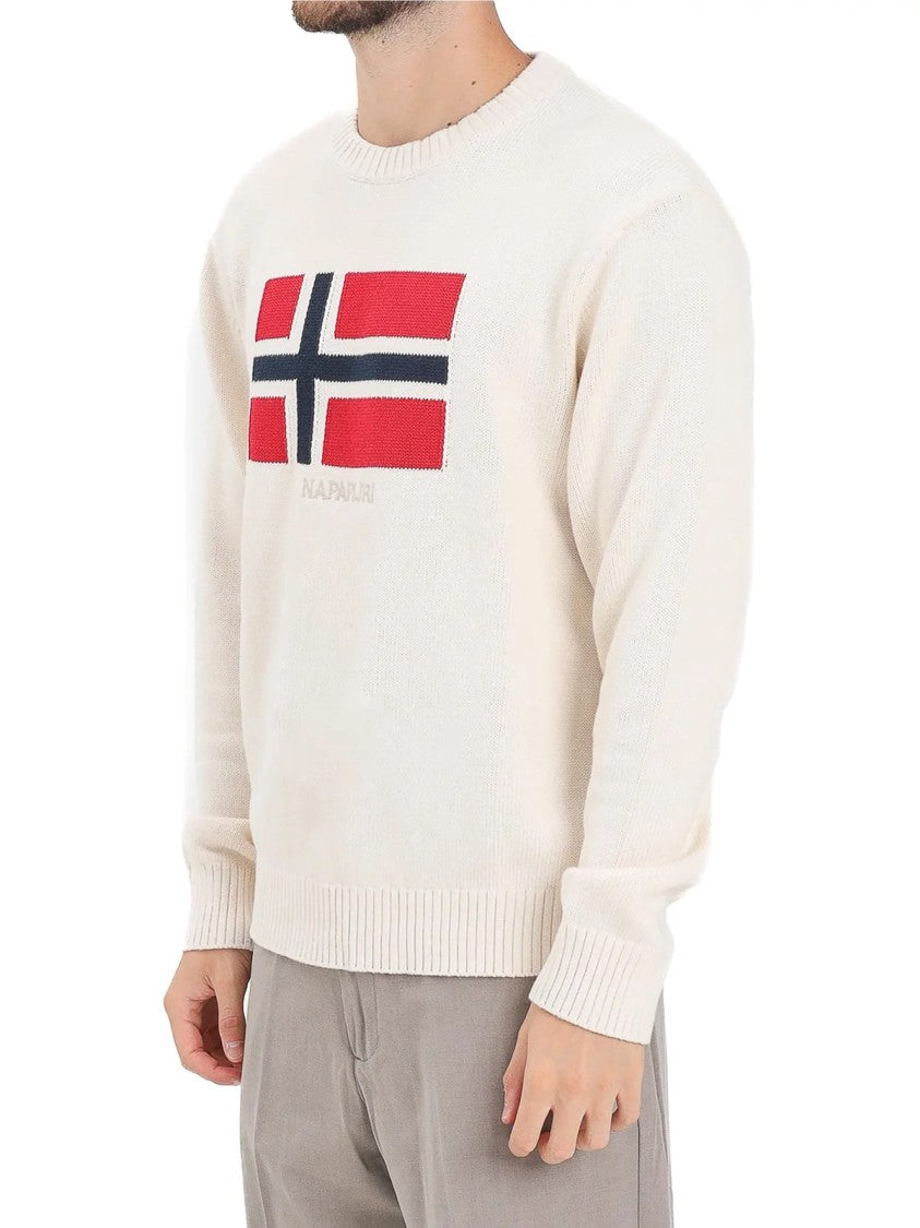 Napapijri Cream Graphic Detail Cotton Crewneck Sweater