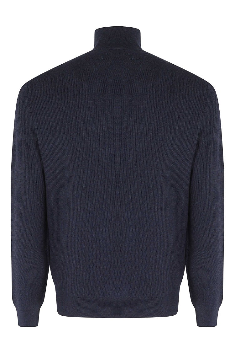 Polo Ralph Lauren Blue Half Zip High Neck Ribbed Trim Cotton Sweater