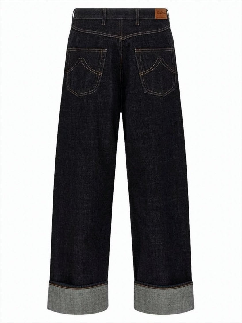 Kenzo Wide-Leg Denim Pants With Cuffed Hem And Back Leather Patch