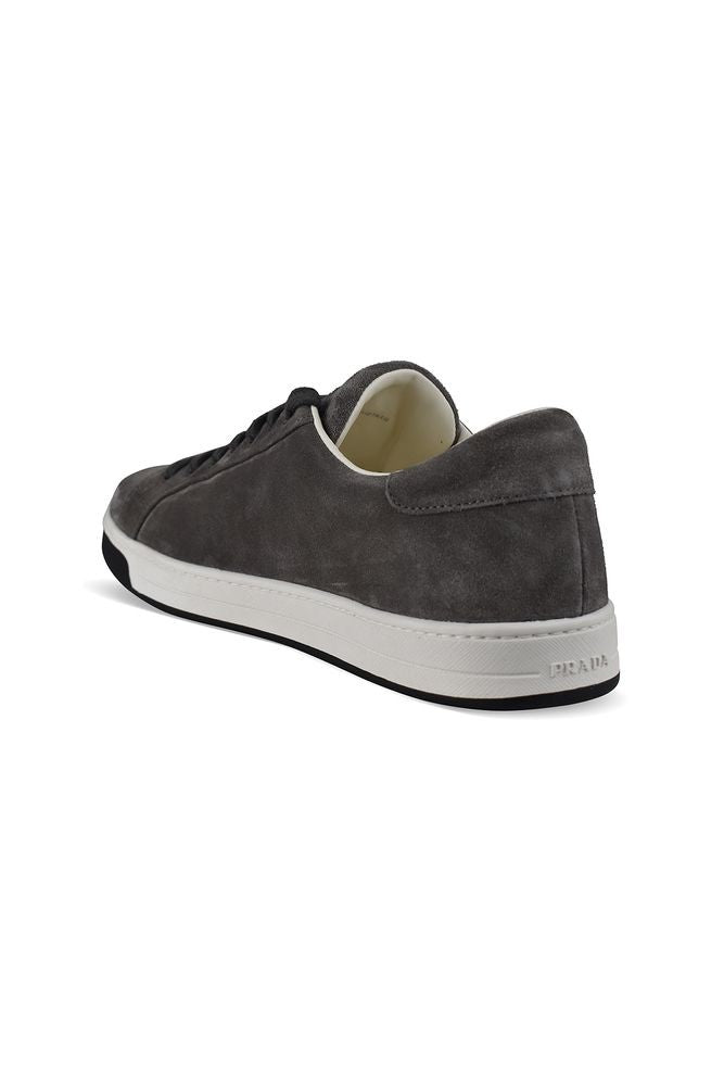 Prada Low-Top Grey Suede Sneakers With Tone-On-Tone Logo