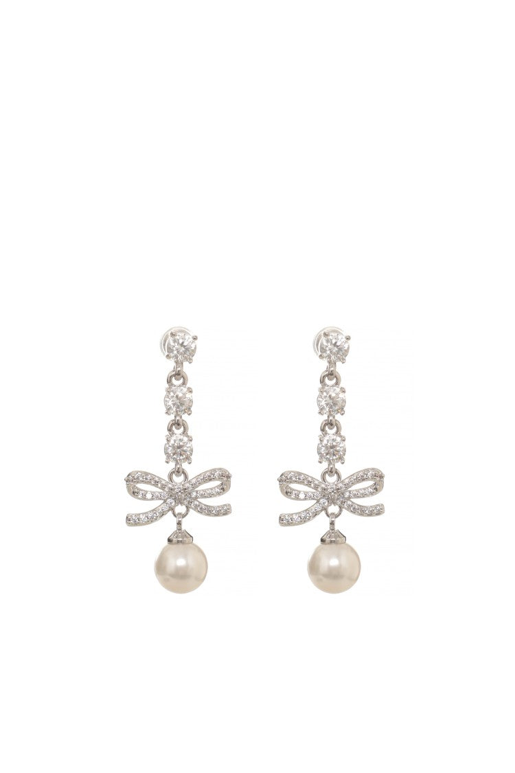 Self-Portrait Silver Crystal Bow Pearl Drop Earrings