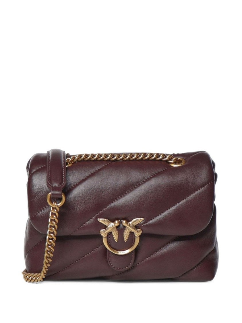 Pinko Quilted Burgundy Gold-Tone Bird Clasp Leather Shoulder Bag