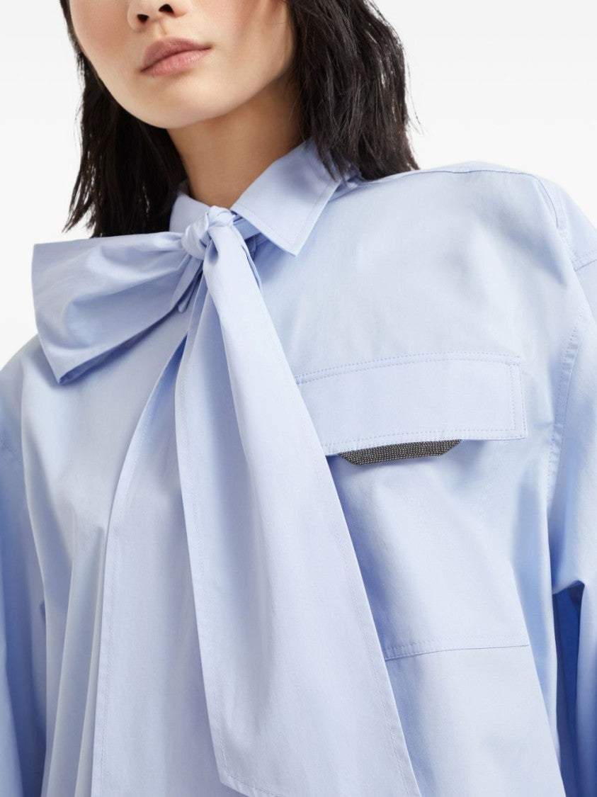 Brunello Cucinelli Light Blue Shirt With Oversized Bow Tie And Relaxed Fit