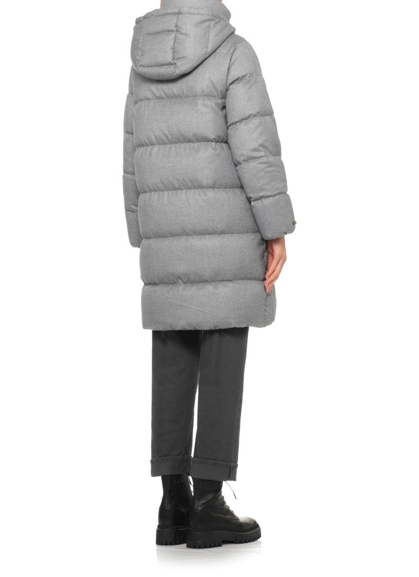 Peserico Grey Hooded Quilted Long Down Jacket