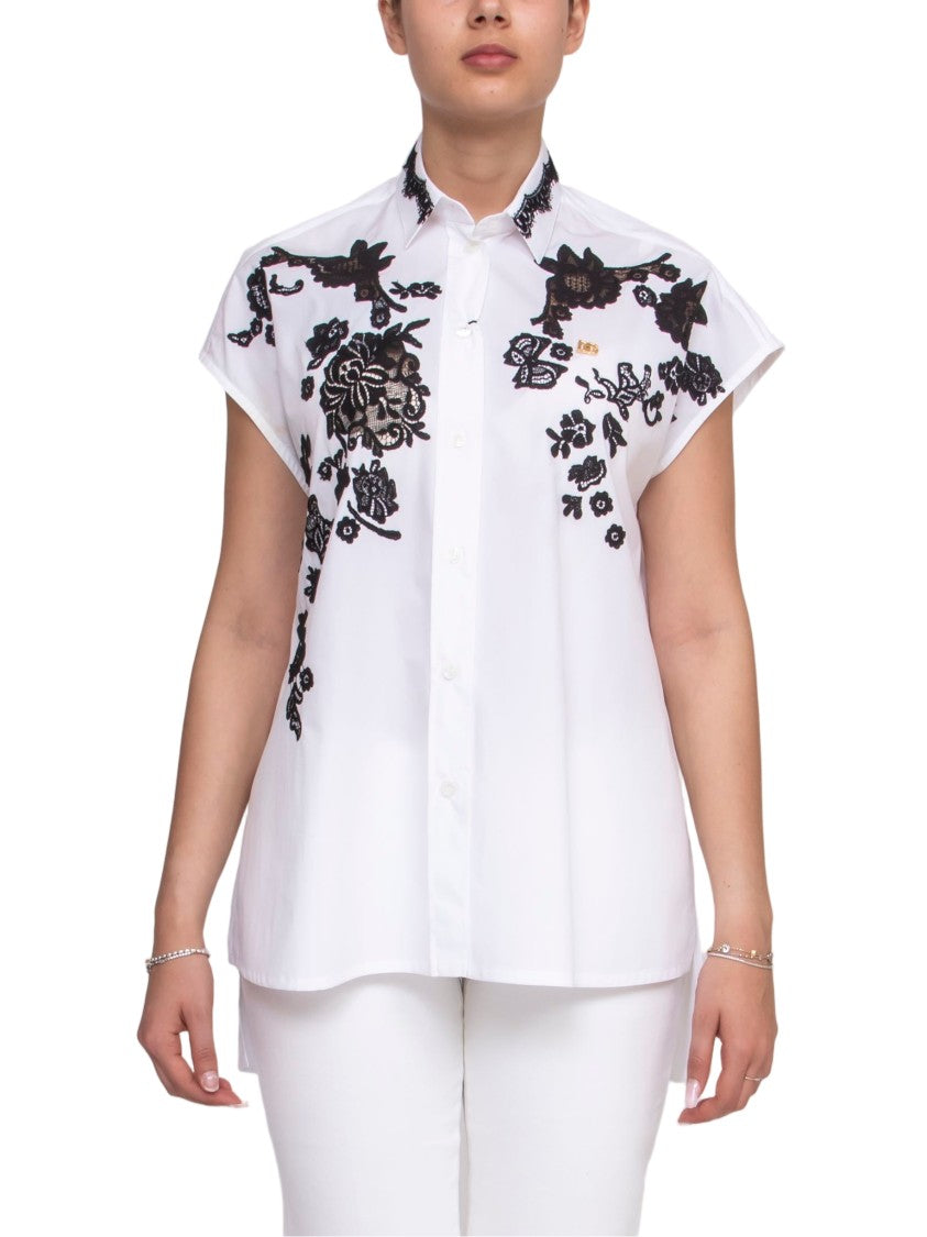 Dolce & Gabbana White Floral Embroidered High-Collar Shirt