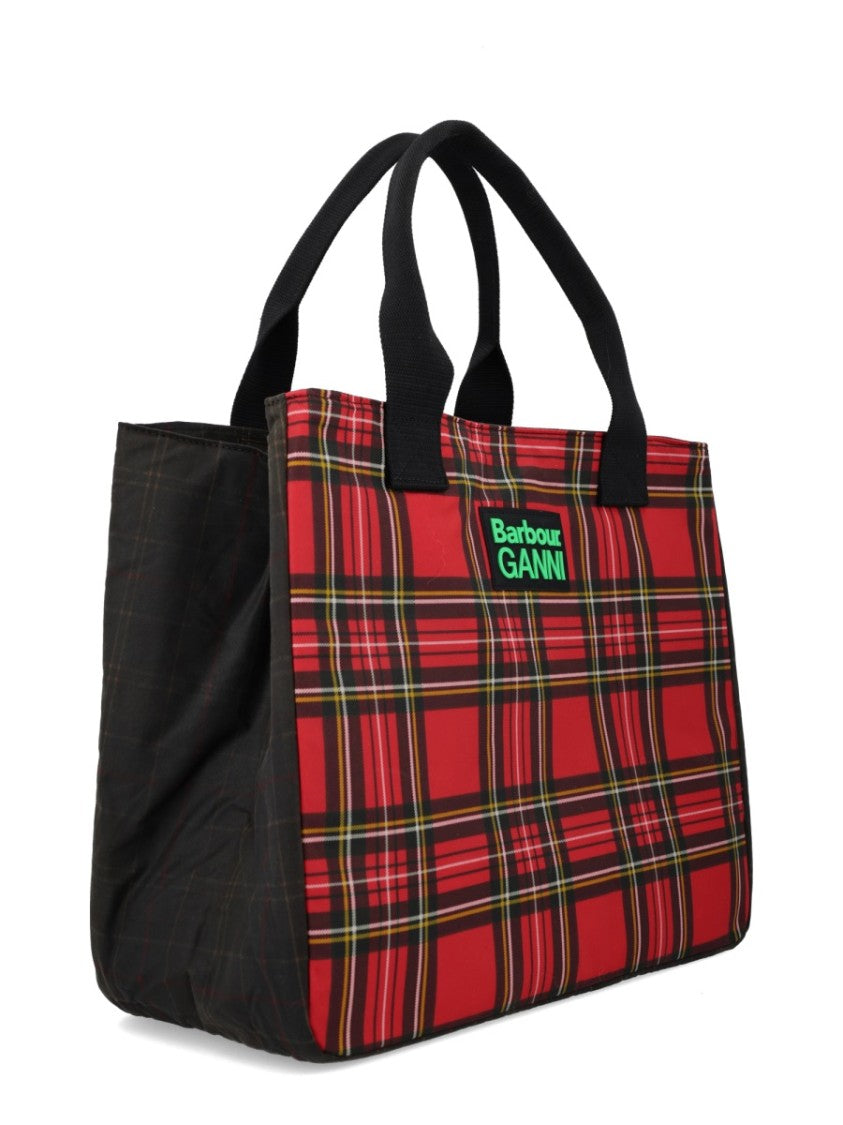 Barbour X Ganni Red Tartan Plaid Pattern Waxed Cotton Tote Bag