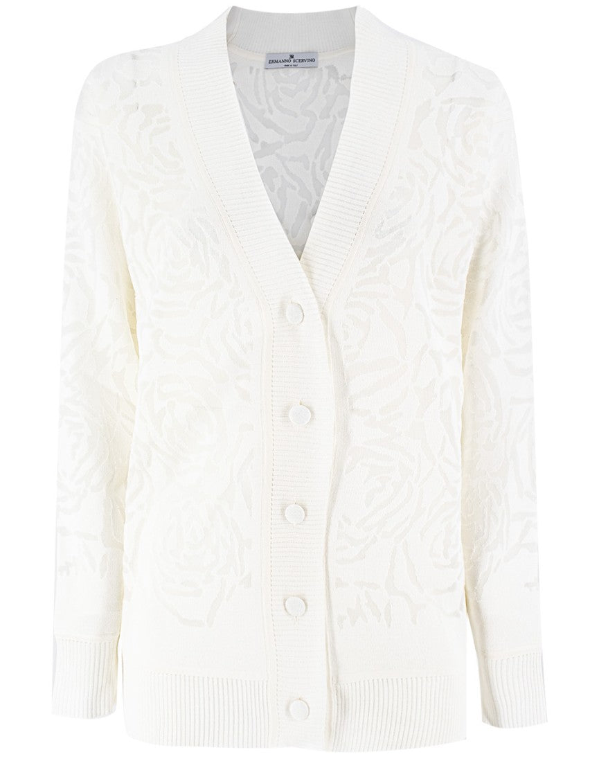 Ermanno Scervino Long-Sleeved Cotton Knit Cardigan With Rose Pattern