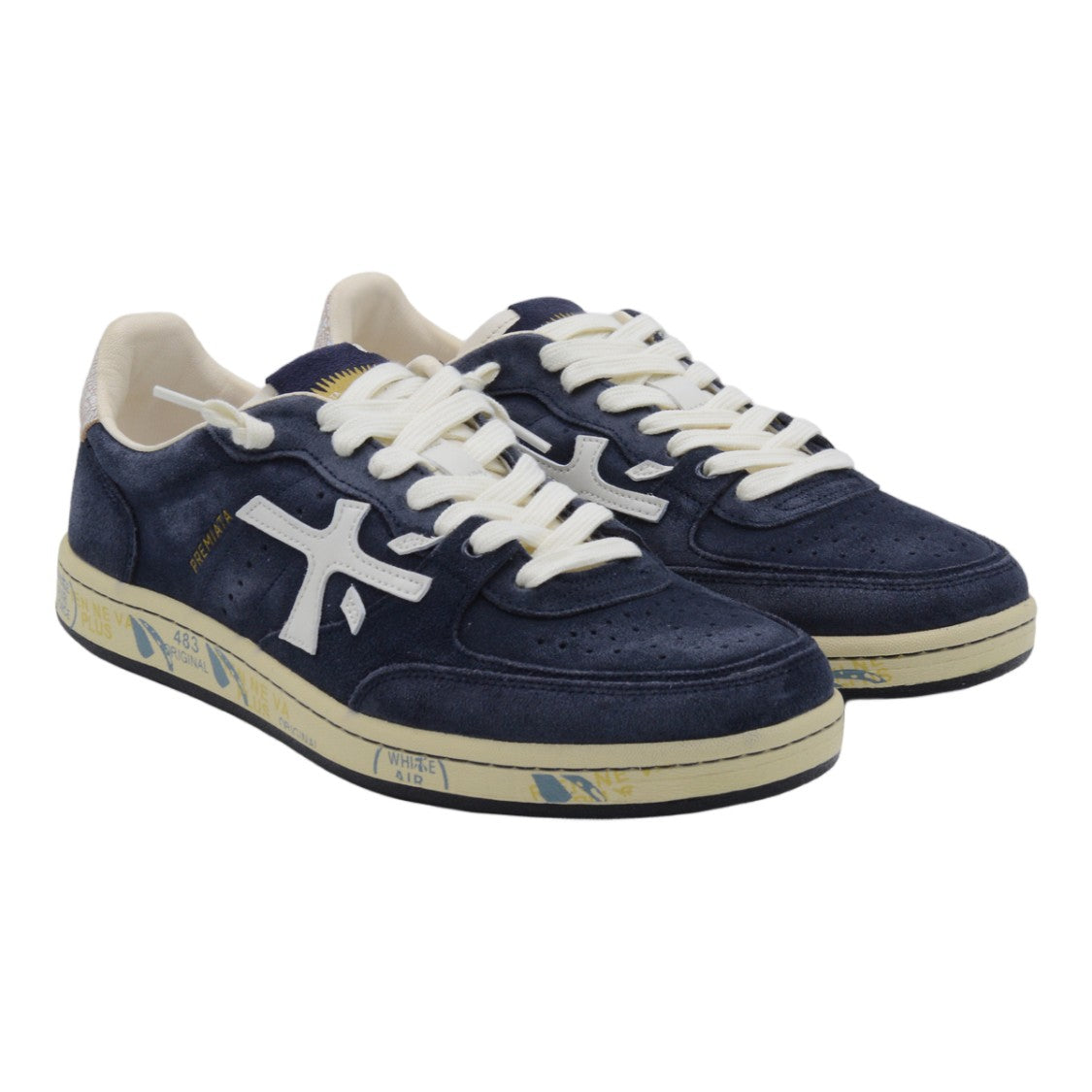 Premiata Navy Blue Suede Sneakers With White Leather Accents