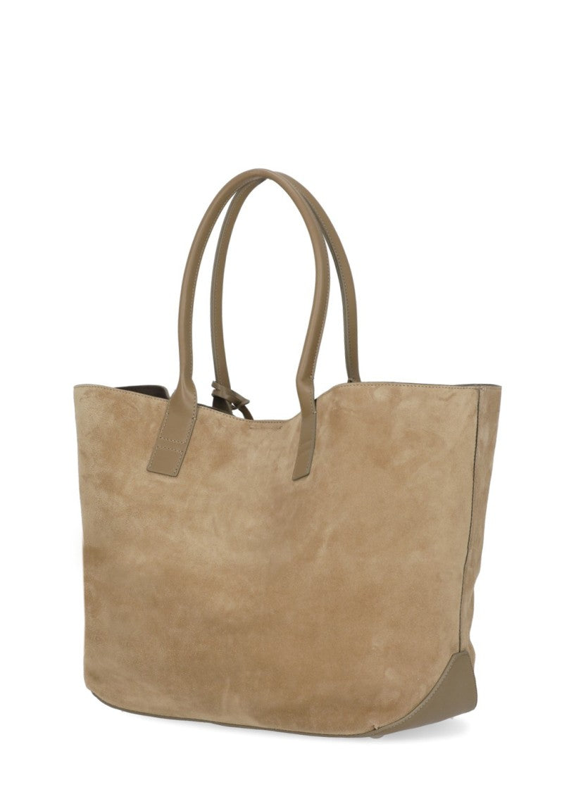 Hogan Beige Suede Leather Tote Bag With Embossed Logo