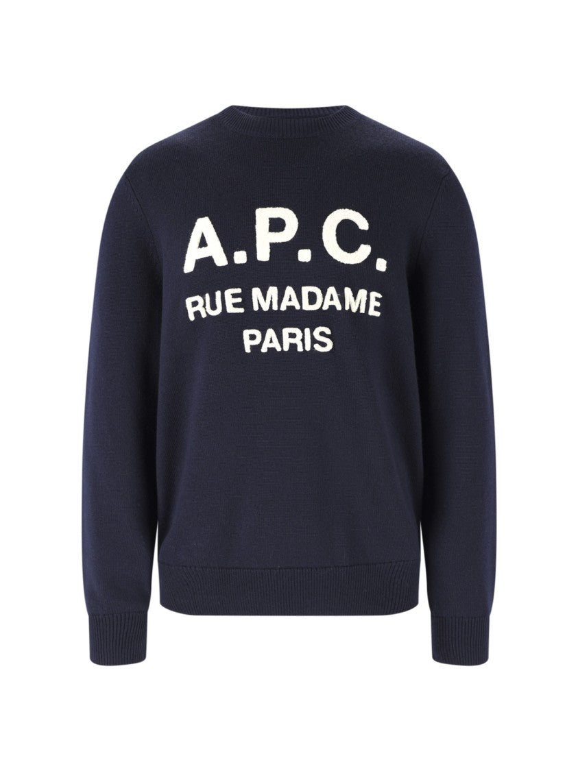 A.P.C. Navy Blue Crewneck Sweater With Ribbed Finishes And Logo Detail