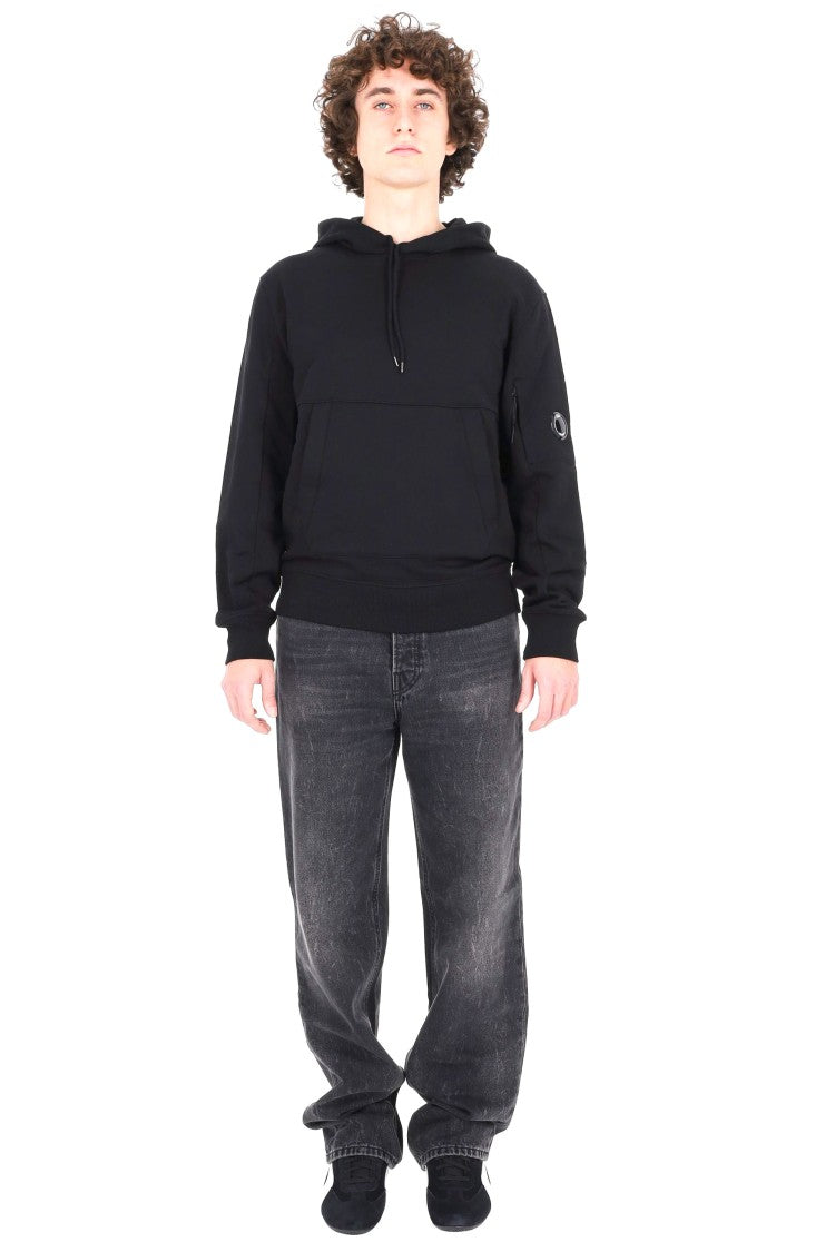 C.P. Company Diagonal Cotton Black Hoodie With Logo Patch