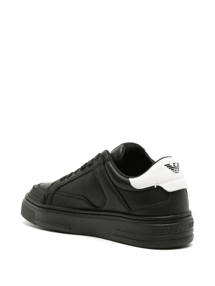 Emporio Armani Black Leather Sneakers With Contrasting Heel Tab