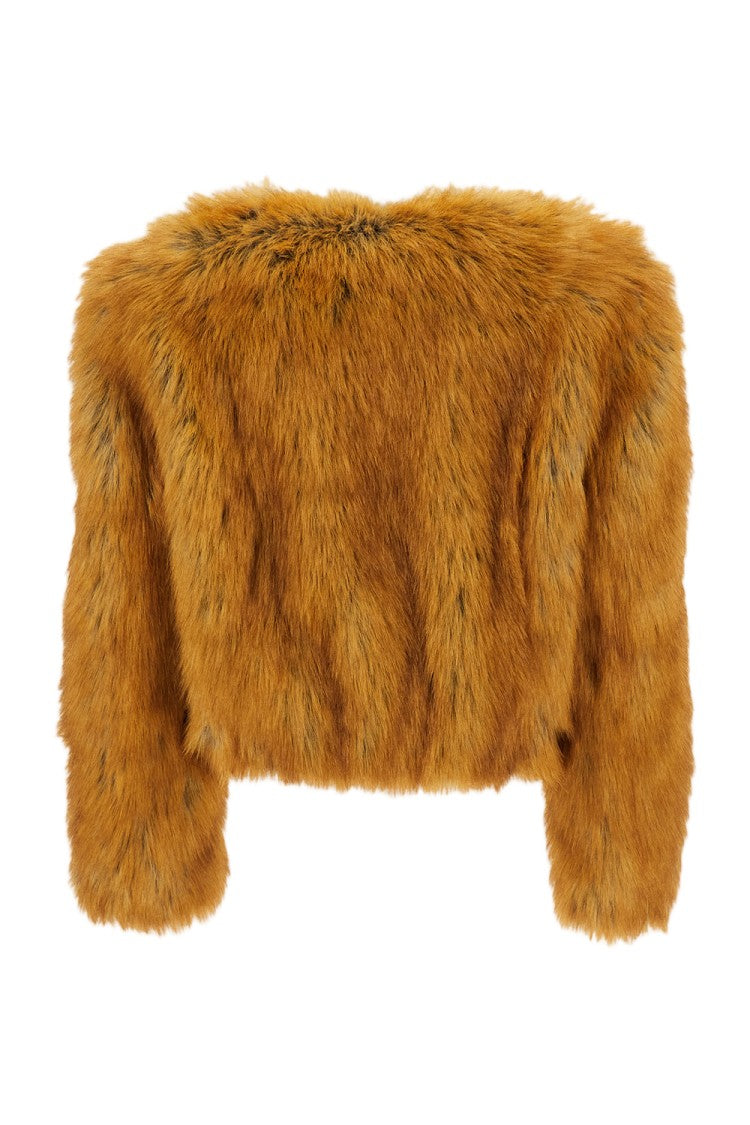 Stand Studio Cropped Faux Fur Bomber Jacket With Structured Shoulders And Relaxed Fit