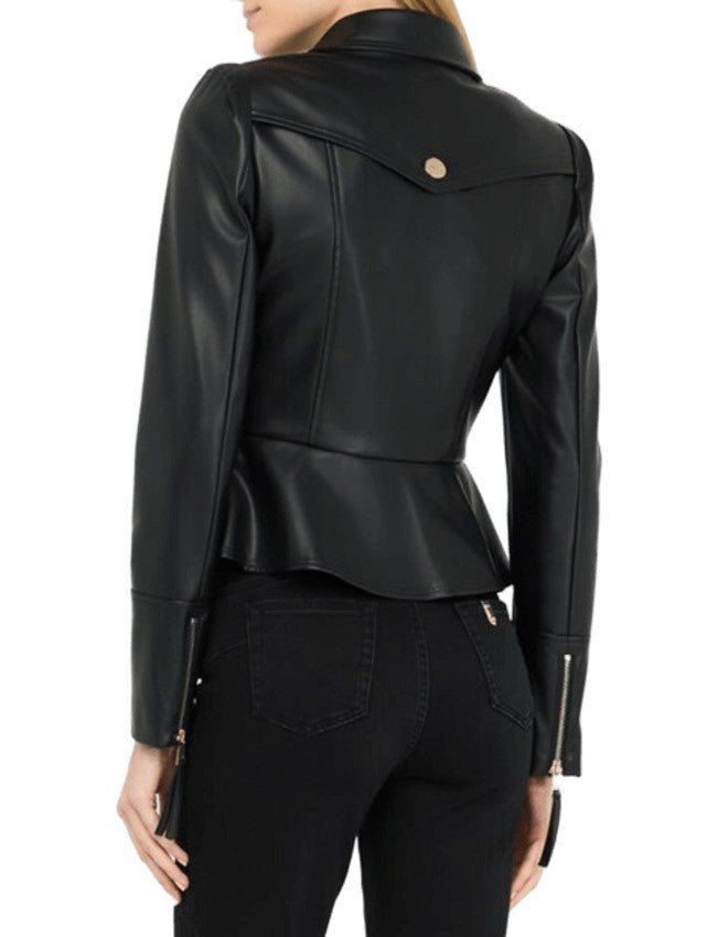 Liu Jo Coated Fabric Peplum Jacket With Zip Cuffs And Metal Logo