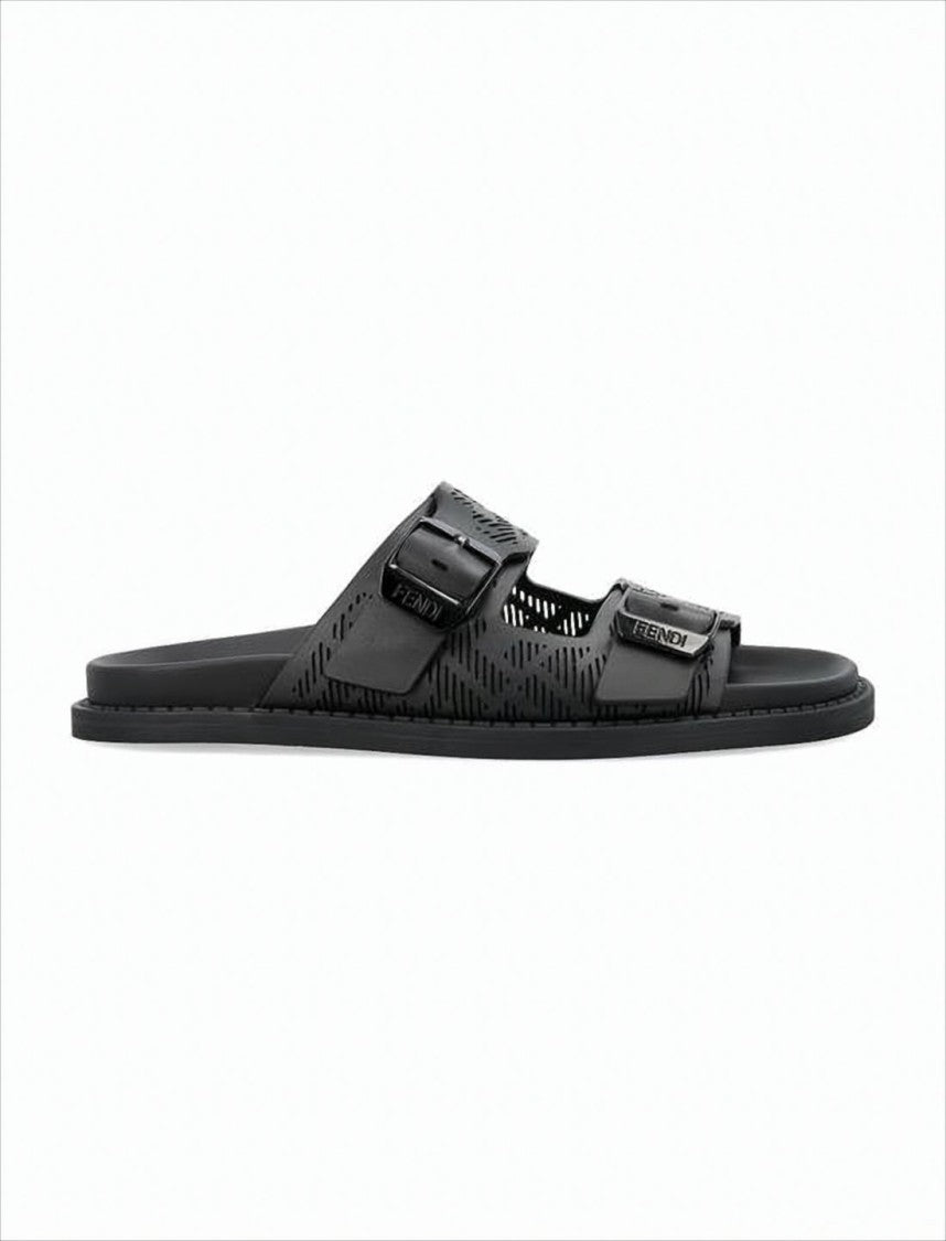 Fendi Perforated Black Leather Slide Sandals With Adjustable Straps