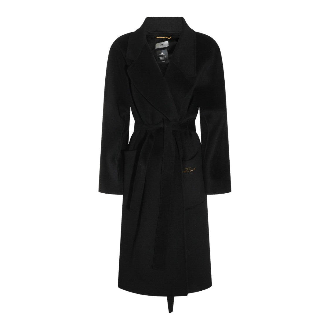 Elisabetta Franchi Long Black Wool Coat With Self-Tie Belt And Classic Lapels
