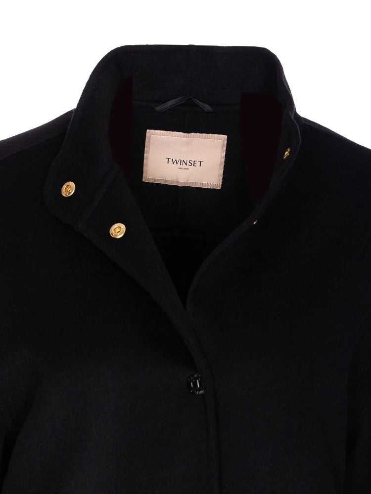 Twin-Set Black Cropped High-Collar Wool-Blend Bomber Jacket